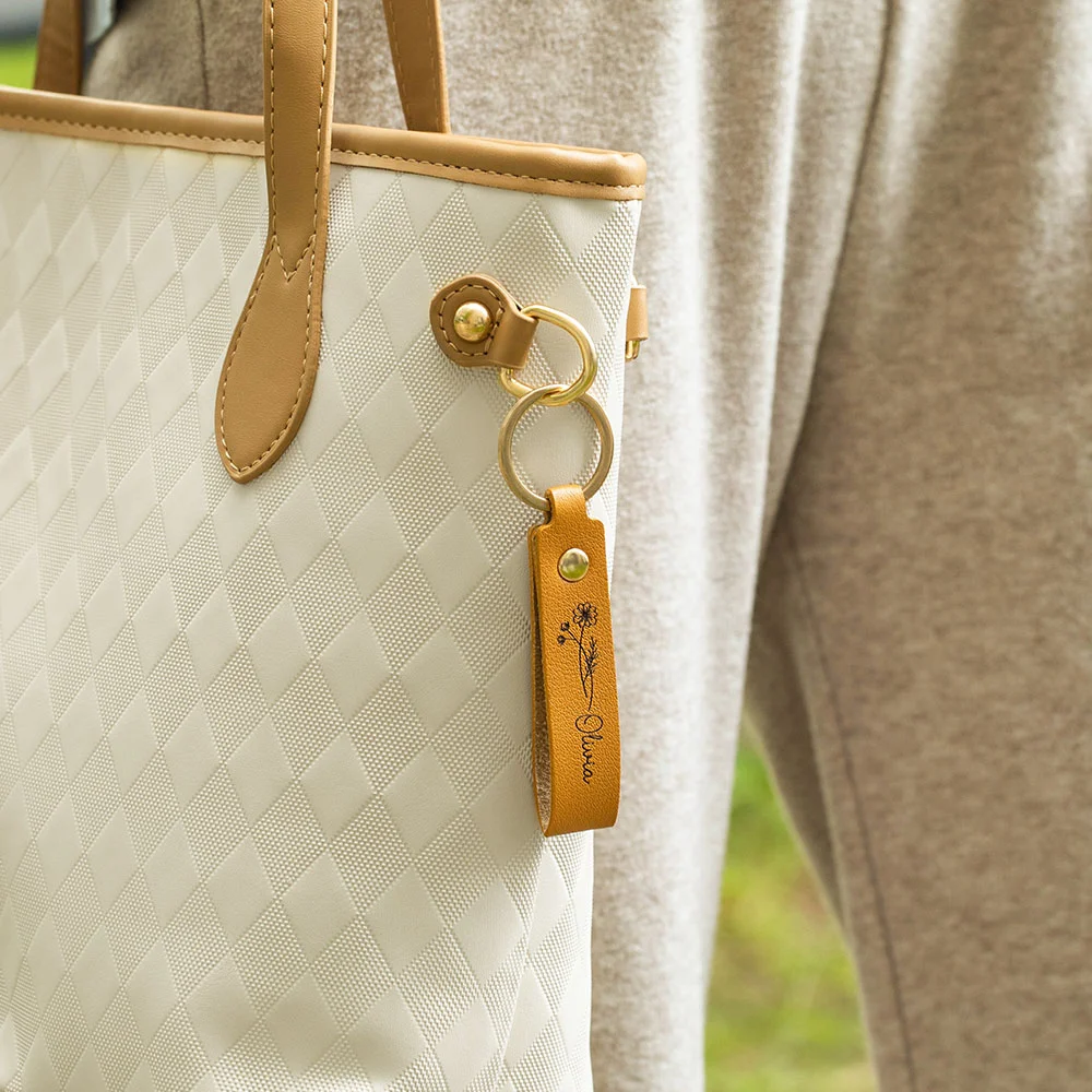 Personalized Birth Flower PU Leather Keychain with Engraved Name Wedding Party Birthday Gift for Her