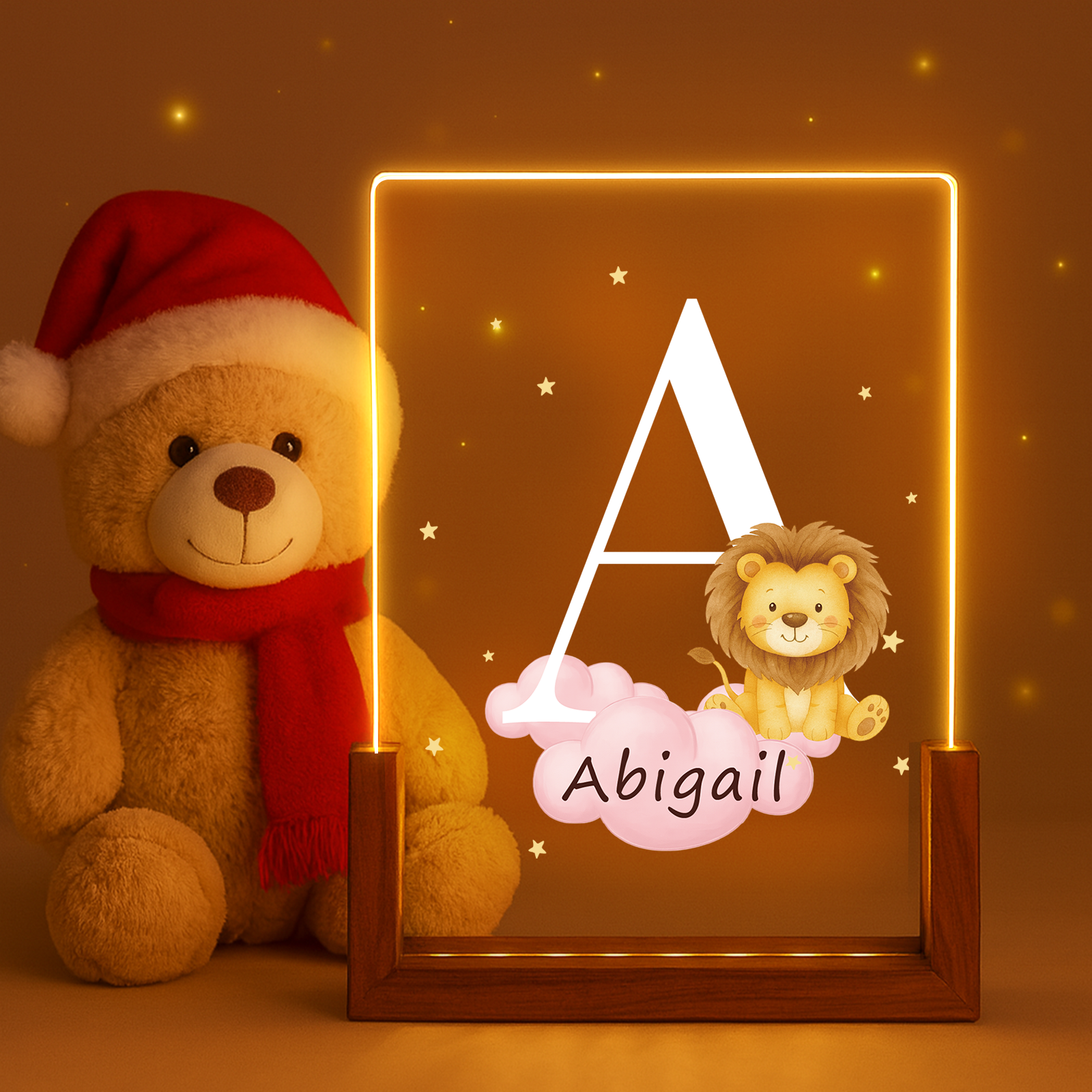 Personalized Cute Forest Animal Acrylic Cloud Star LED Night Light with Wooden Base Name and Initial Birthday Children's Day Gift for Boys Girls Baby Room Night Light Chirtmas Gift