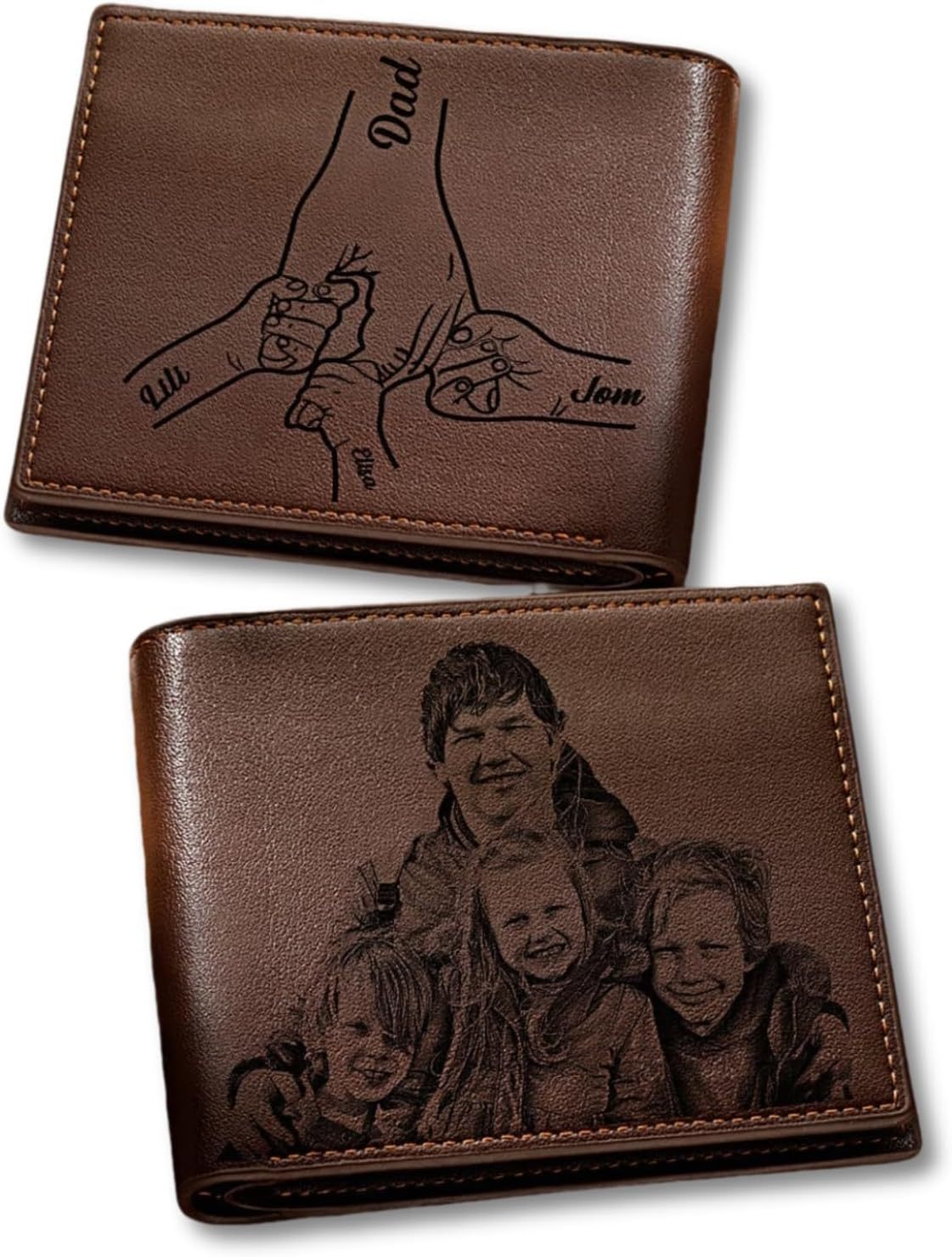 Custom Wallets for Men, Personalized Photo & Name Wallet for Men One Fist Bump Engraved Leather Wallet for Dad Husband Son BF Groomsmen Birthday Anniversary Christmas Father's Day Gifts