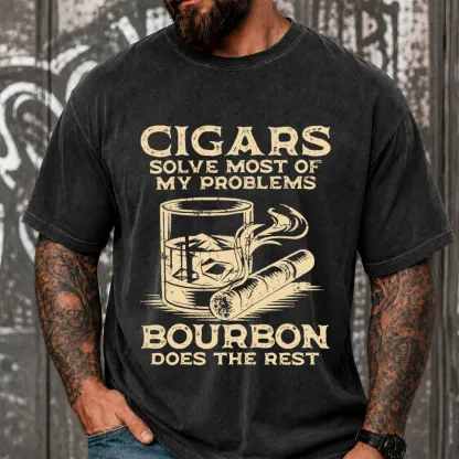 Cigars Solve Most Of My Problems Bourbon Solves The Rest Funny Vintage Washed Oversized T-Shirt