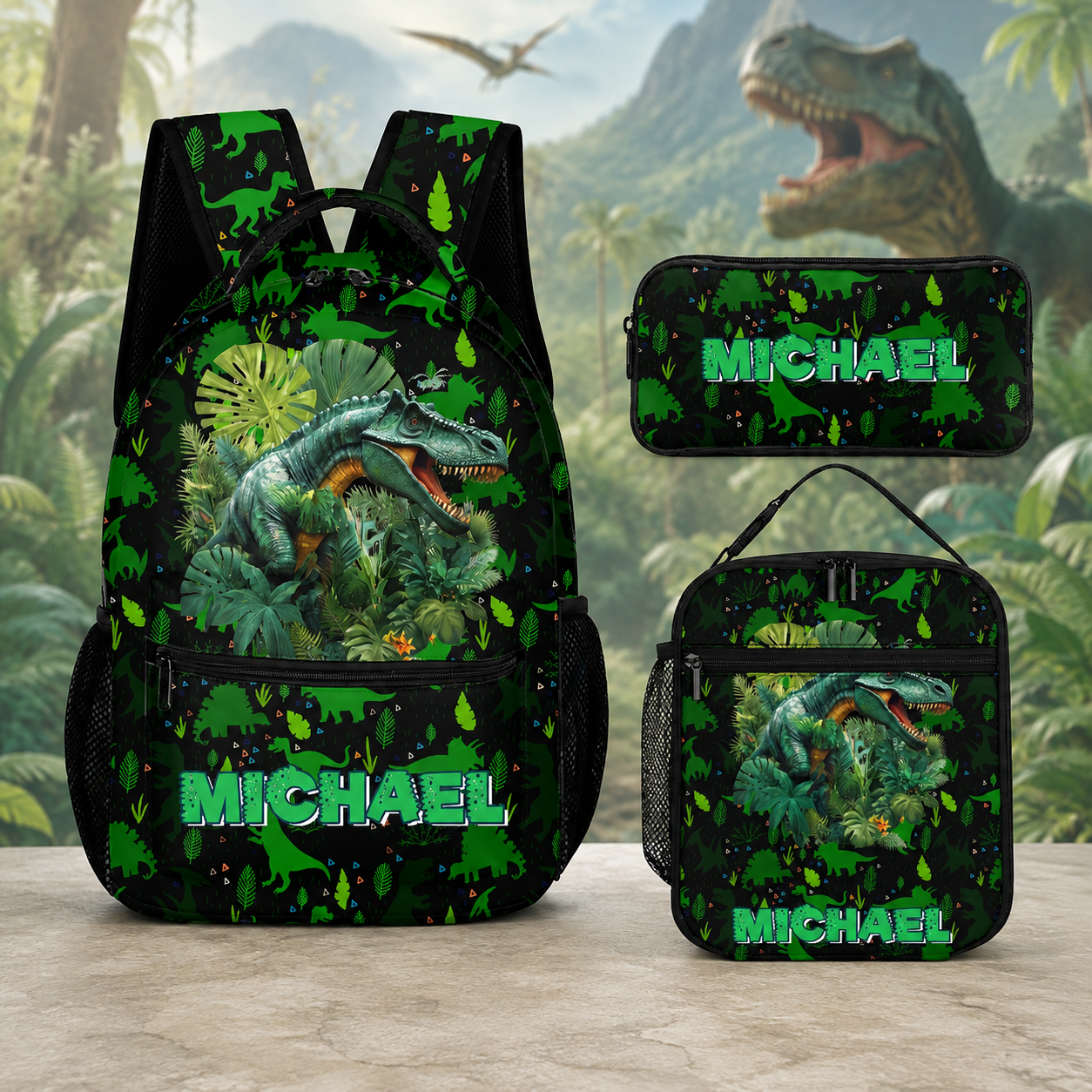 Dinosaur in Tropical Forest Custom Backpack - Personalized Name