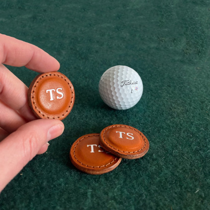 Premium Leather Golf Ball Marker Set of 2, Full Grain Vegetable Tanned Leather, Personalized Golf Gift, Custom Monogram, 1.5" Diameter, Perfect for Golf Lovers