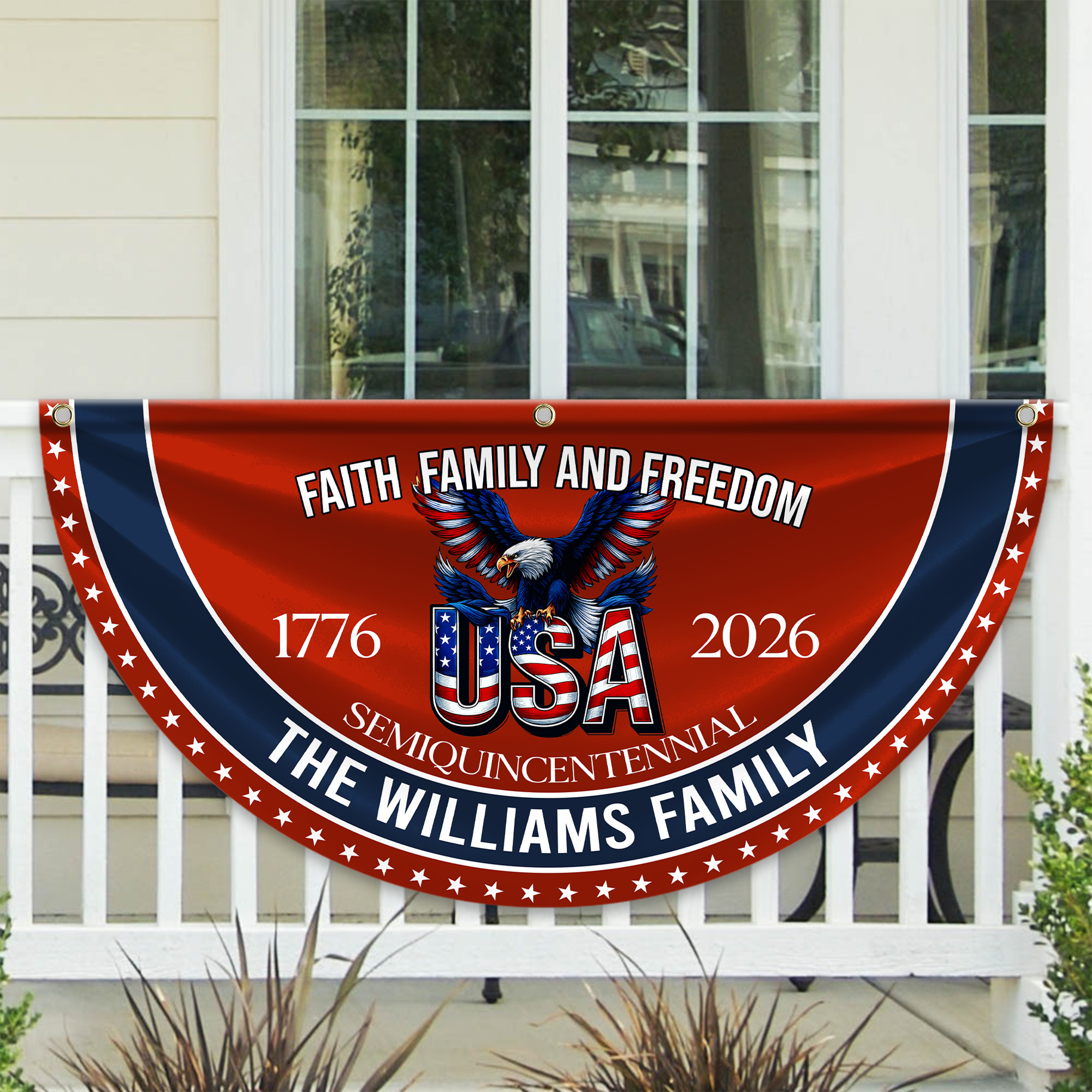 Personalized America 250th Anniversary Bunting Flag Custom Family Name Faith, Family & Freedom America 250 Years Non-Pleated Fan Flag CH07 910236