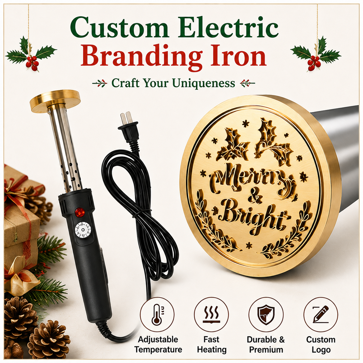 Christmas Logo Electric Branding Iron,  Personalized Wood Burning Stamp for Wood, Leather, Cookies, Gift Boxes and Crafts