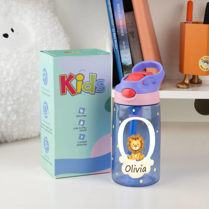 Personalized Adorable Forest Animal 16 oz Kid Water Bottle with Name and Silicone Straw Birthday Back to School Gift for Boys Girls