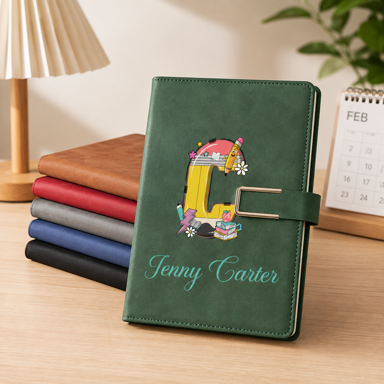 Personalized Yellow Pencil Initial PU Leather A5 Notebook and Pen Set with Name Back to School Teacher's Day Gift for Teacher