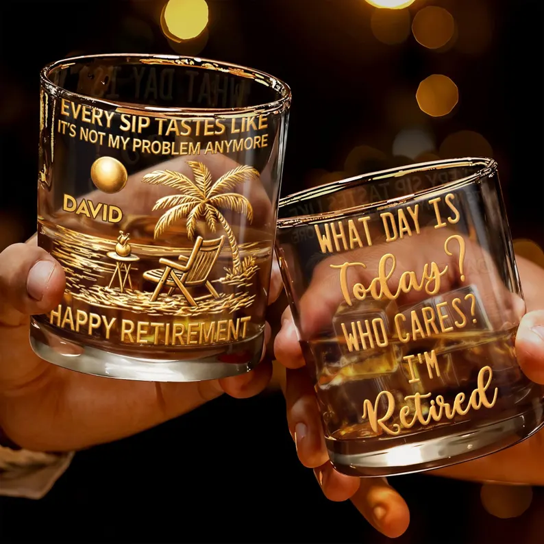 Personalized Retirement Whiskey Glass 2D Flat, Custom Happy Retirement Bourbon Tumbler, Funny Retired Gift for Men Dad Grandpa
