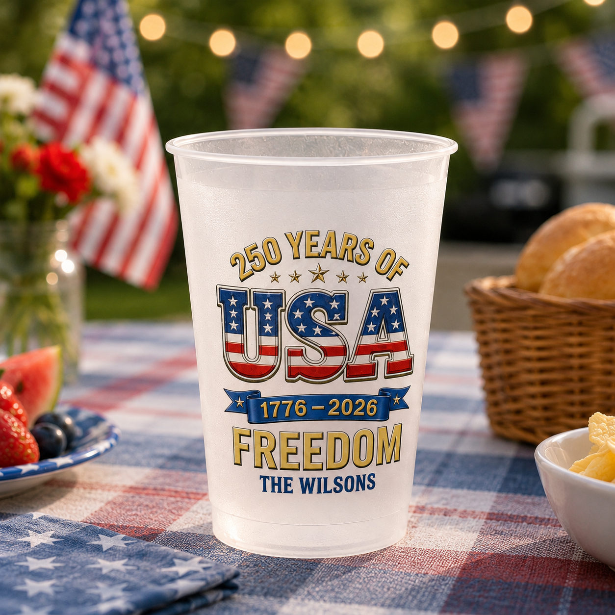 Personalized 250 Years of Freedom Cups, Stars and Stripes Celebration Drinkware for Independence Day & Summer Parties