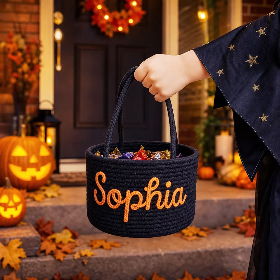 Custom Halloween Basket for Child Personalized Halloween Trick or Treat Bag with Cotton Rope Embroidery Name Customized Kids Woven Halloween Candy Bucket Gifts for Boys Girls