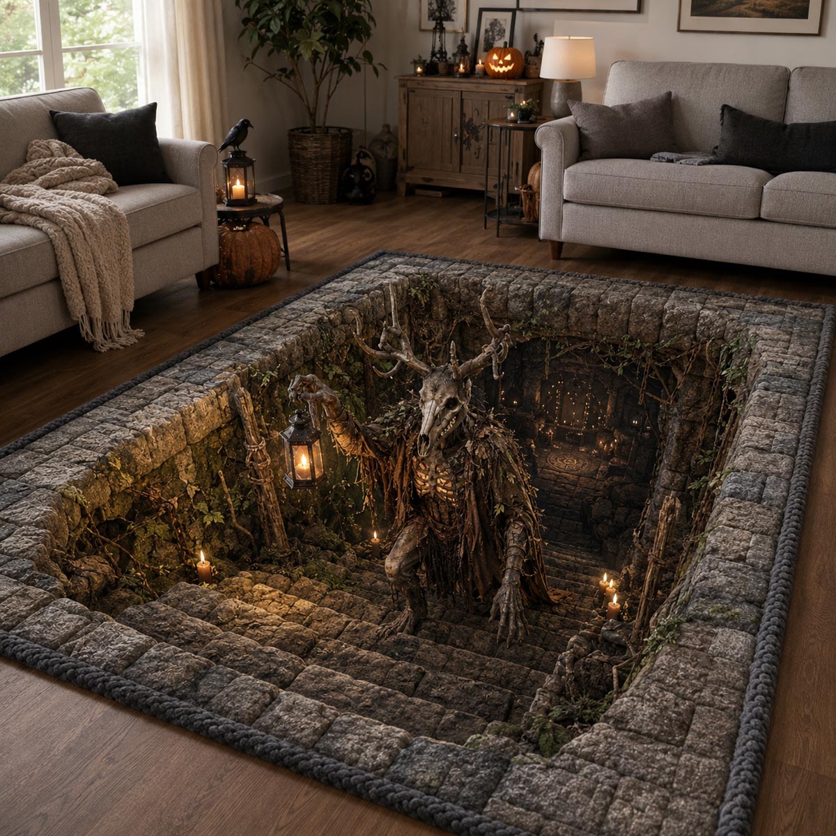 Halloween Abyss Guardian Area Rug, Spooky Dark Chasm Protector-Themed Floor Decor with Anti-Slip Backing for Living Room, Bedroom and Entryway