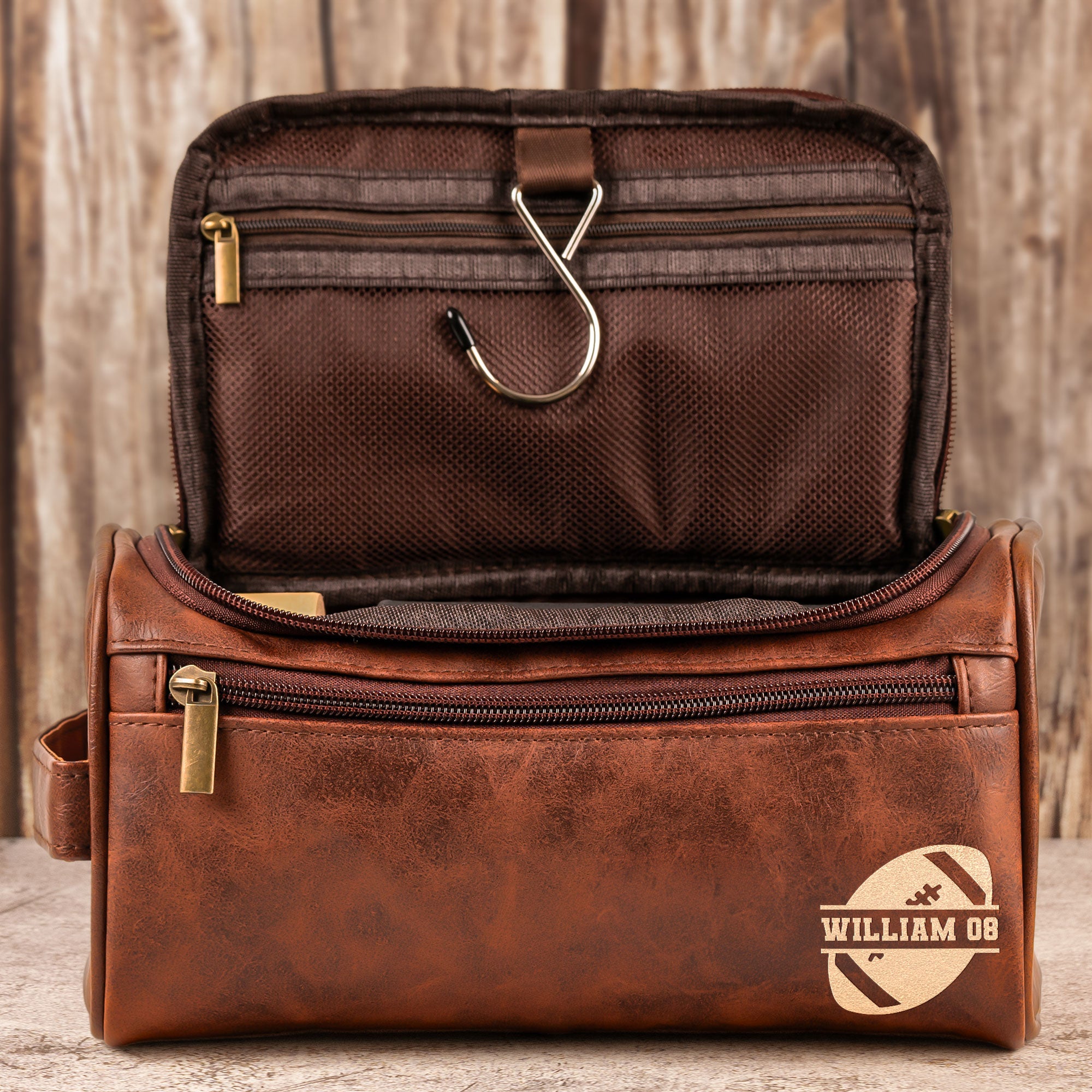 American Football Custom Name - Personalized Leather Toiletry Bag