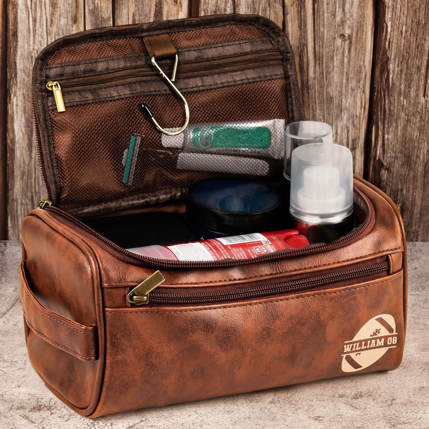 American Football Custom Name - Personalized Leather Toiletry Bag
