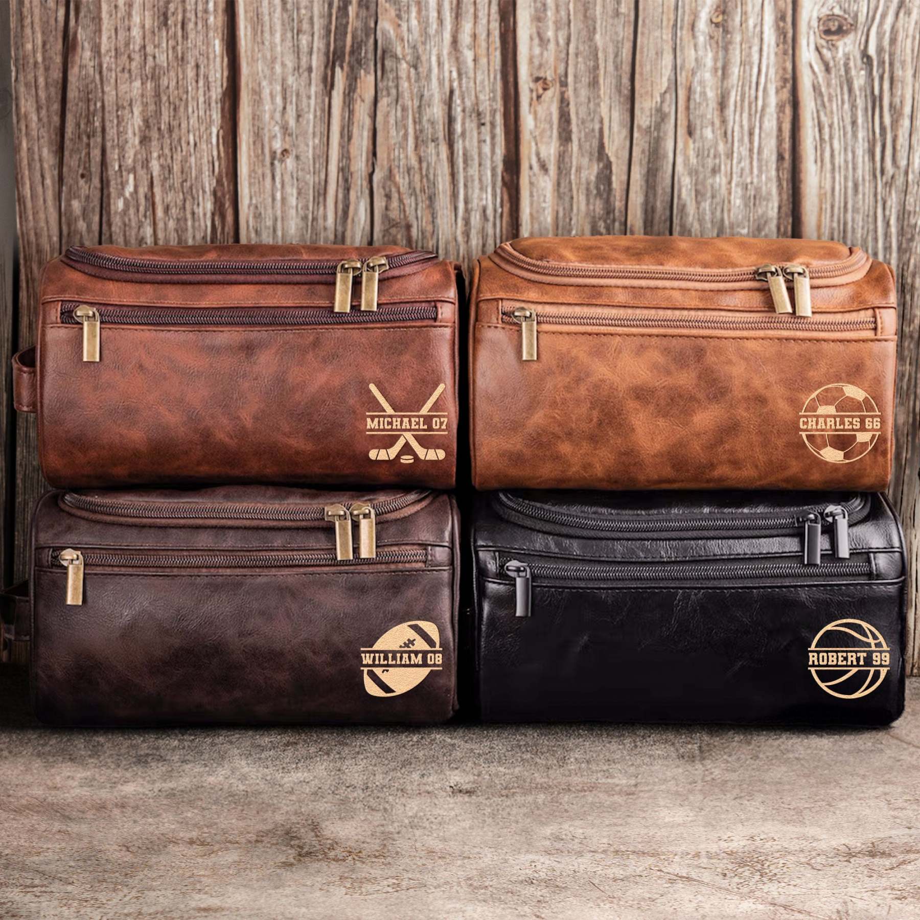 American Football Custom Name - Personalized Leather Toiletry Bag