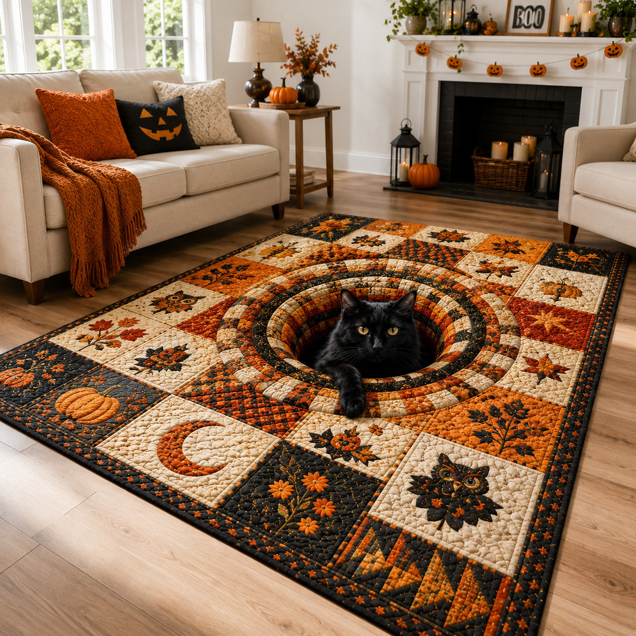 Halloween Autumn Familiar Area Rug, Spooky Witch’s Familiar-Themed Seasonal Floor Decor with Anti-Slip Backing for Living Room, Bedroom and Entryway
