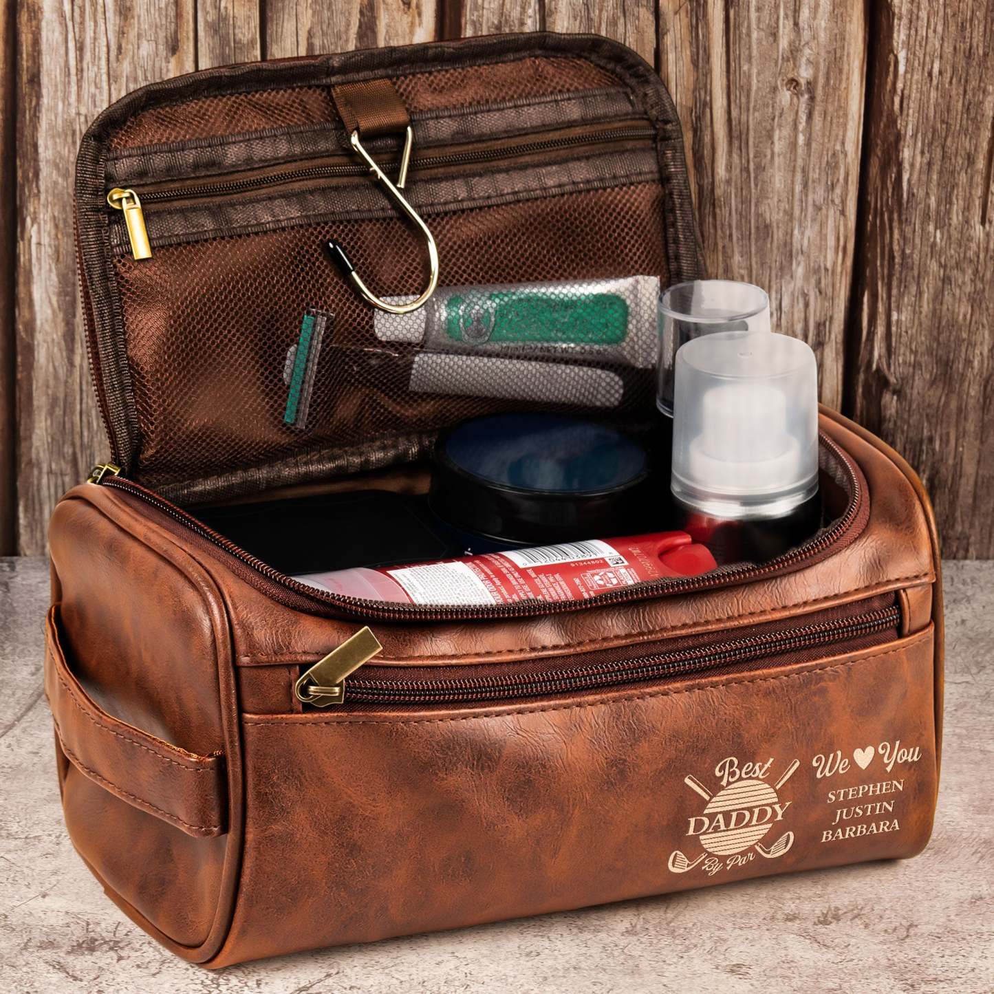 Best Daddy By Par We Love You - Personalized Leather Toiletry Bag