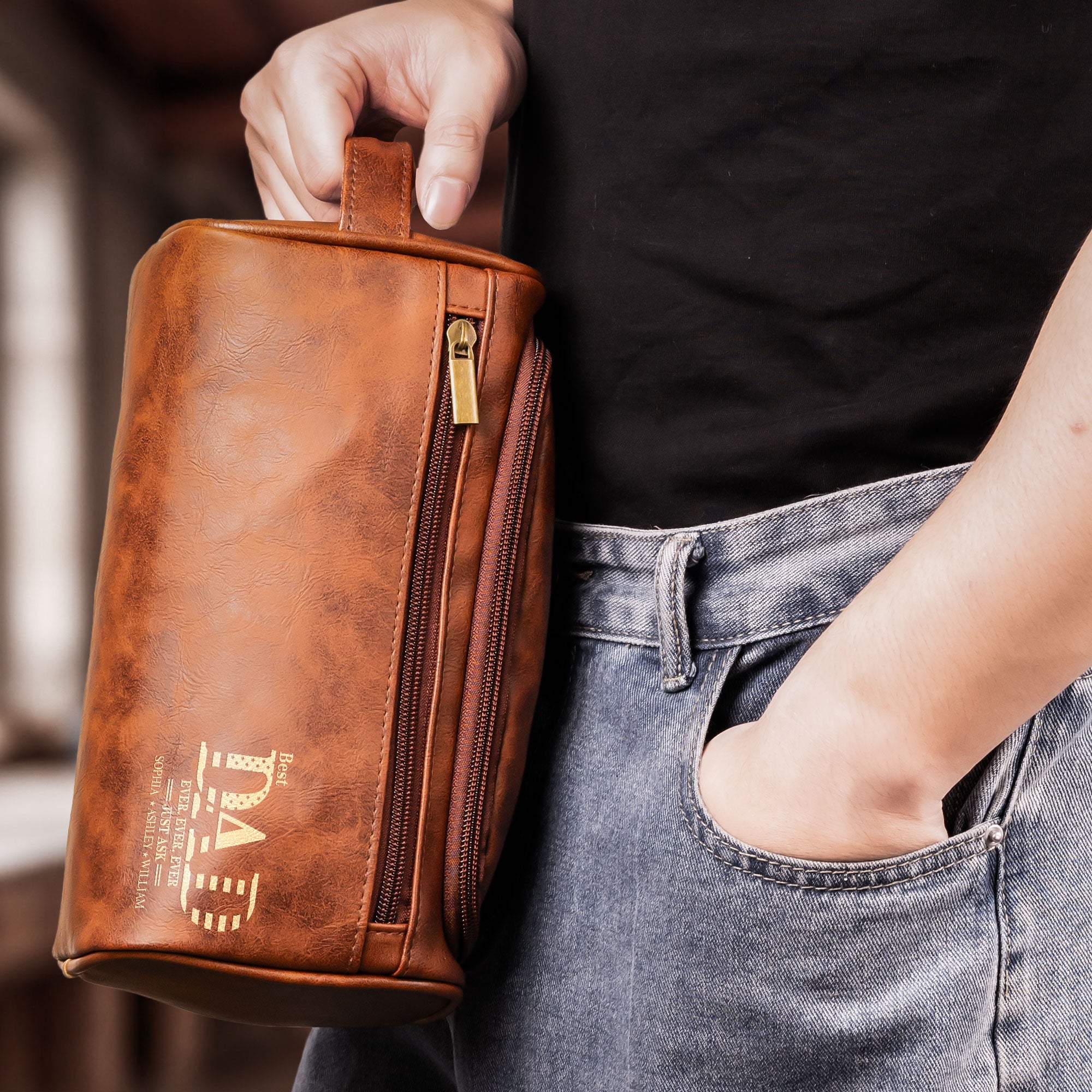 Best Dad Ever - Personalized Leather Toiletry Bag
