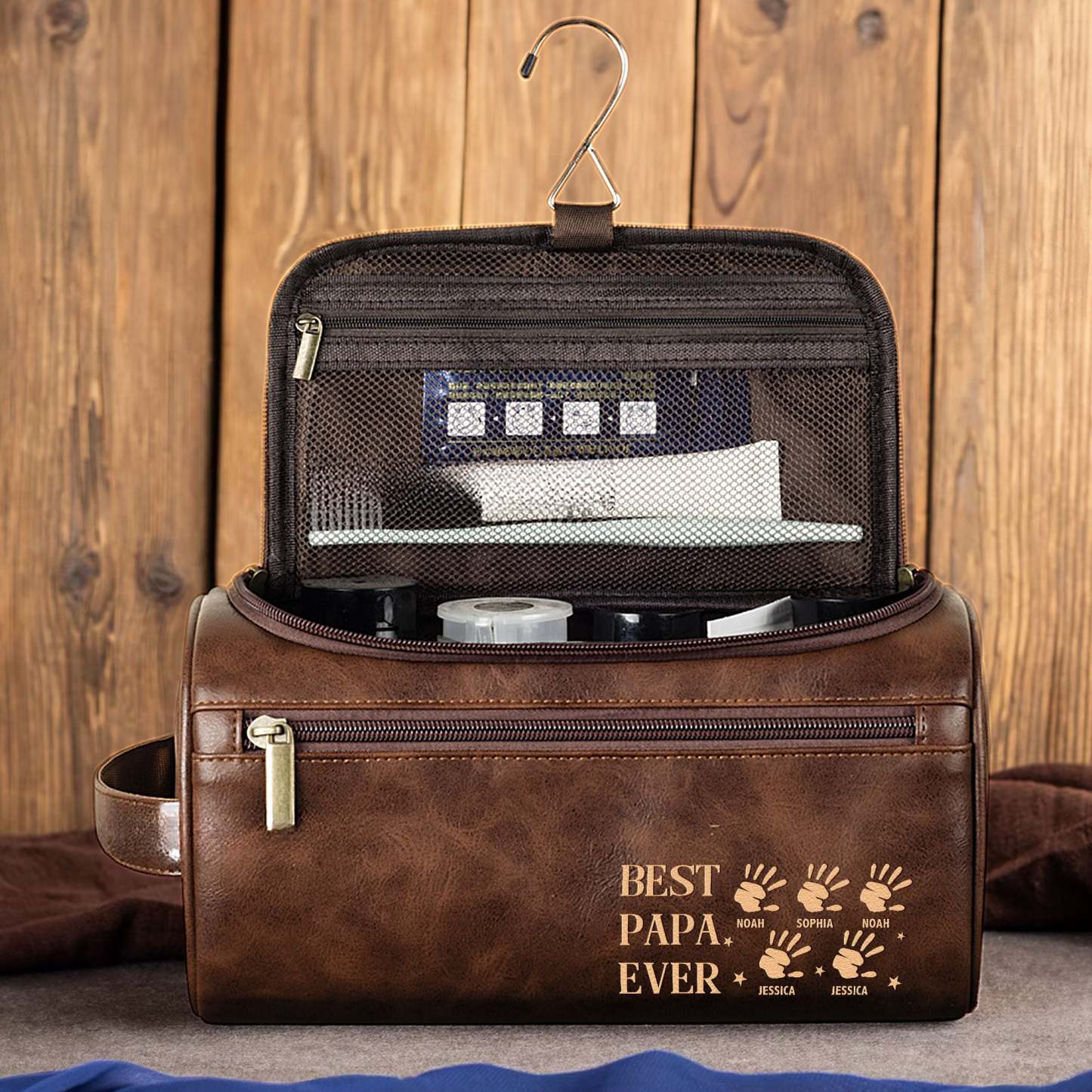 Best Papa Ever - Handprints - Personalized Leather Toiletry Bag