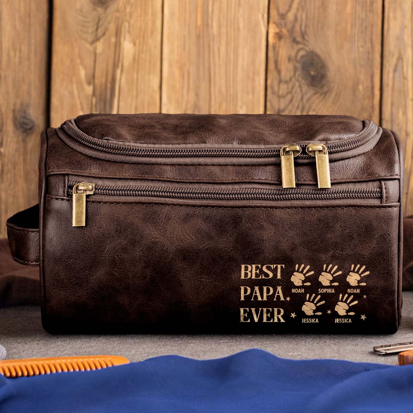 Best Papa Ever - Handprints - Personalized Leather Toiletry Bag