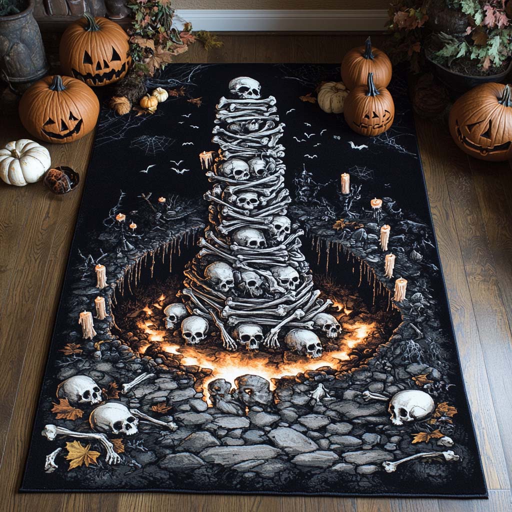 Halloween Bone Spire Area Rug, Spooky Skeleton-Themed Seasonal Floor Decor with Anti-Slip Backing for Living Room, Bedroom and Entryway