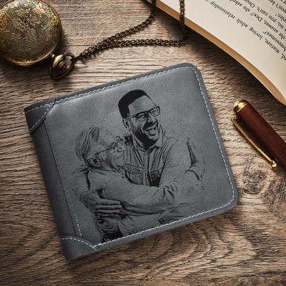 Men's Wallet Custom Photo Engraved Wallet Grey Leather Personalized Wallets