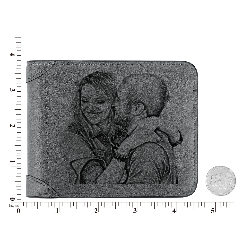 Men's Wallet Custom Photo Engraved Wallet Grey Leather Personalized Wallets
