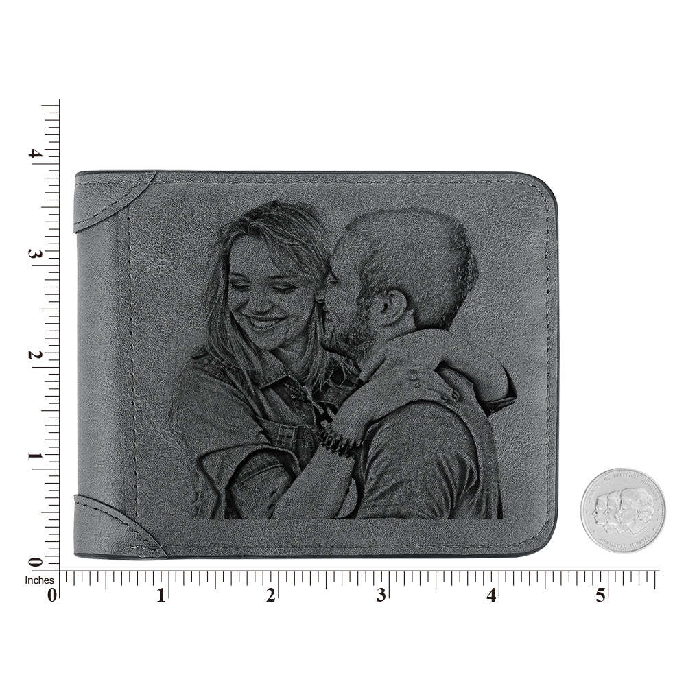 Men's Wallet Custom Photo Engraved Wallet Grey Leather Personalized Wallets