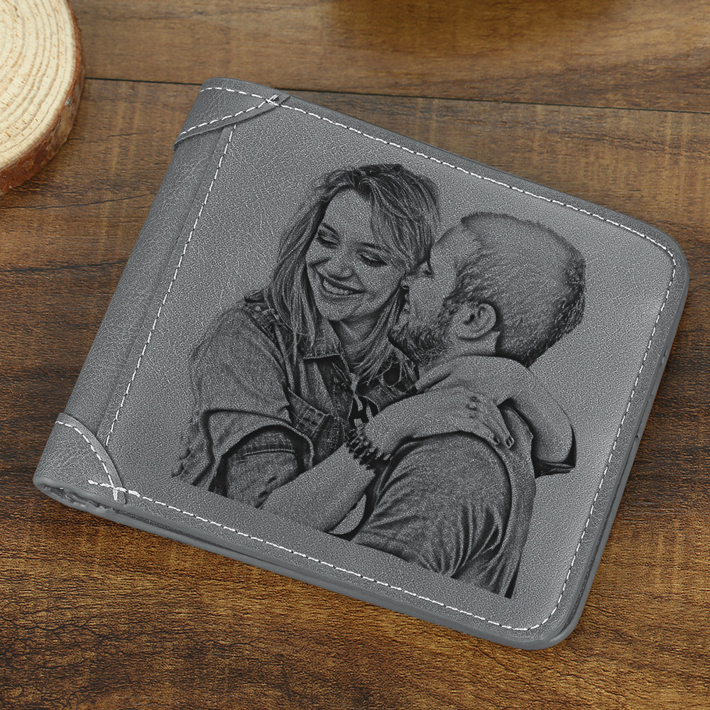 Men's Wallet Custom Photo Engraved Wallet Grey Leather Personalized Wallets