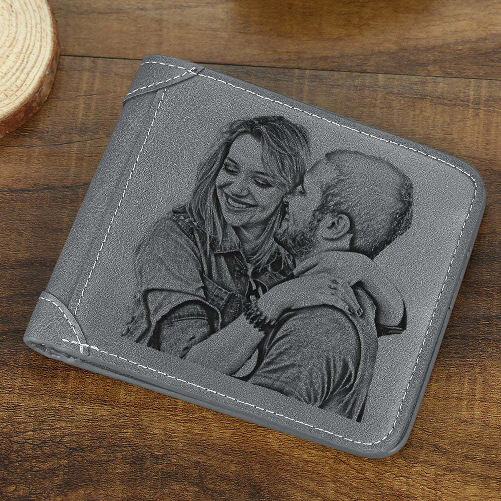 Men's Wallet Custom Photo Engraved Wallet Grey Leather Personalized Wallets