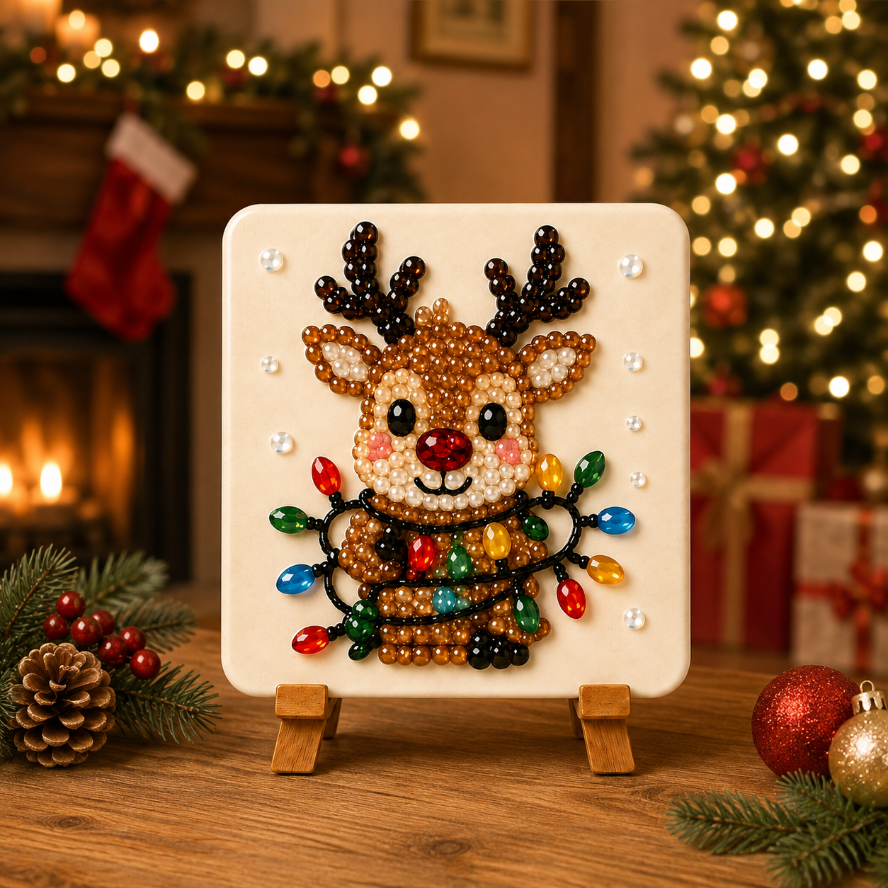Christmas Acrylic Glass Mosaic DIY Craft Kit – Holiday Craft Gift for Kids, Adults & Families with Wooden Display Stand
