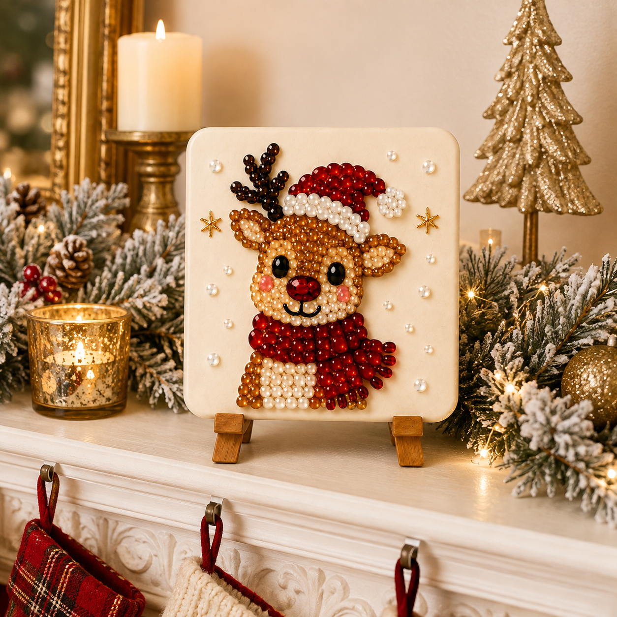 Christmas Acrylic Glass Mosaic DIY Craft Kit – Holiday Craft Gift for Kids, Adults & Families with Wooden Display Stand