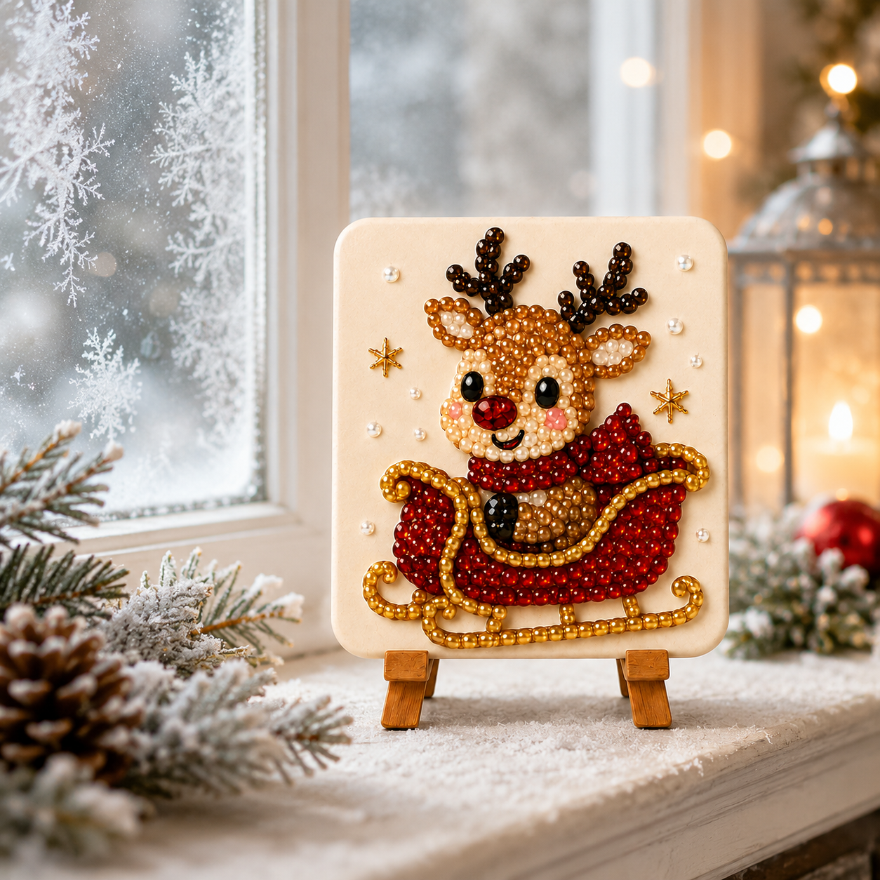 Christmas Acrylic Glass Mosaic DIY Craft Kit – Holiday Craft Gift for Kids, Adults & Families with Wooden Display Stand
