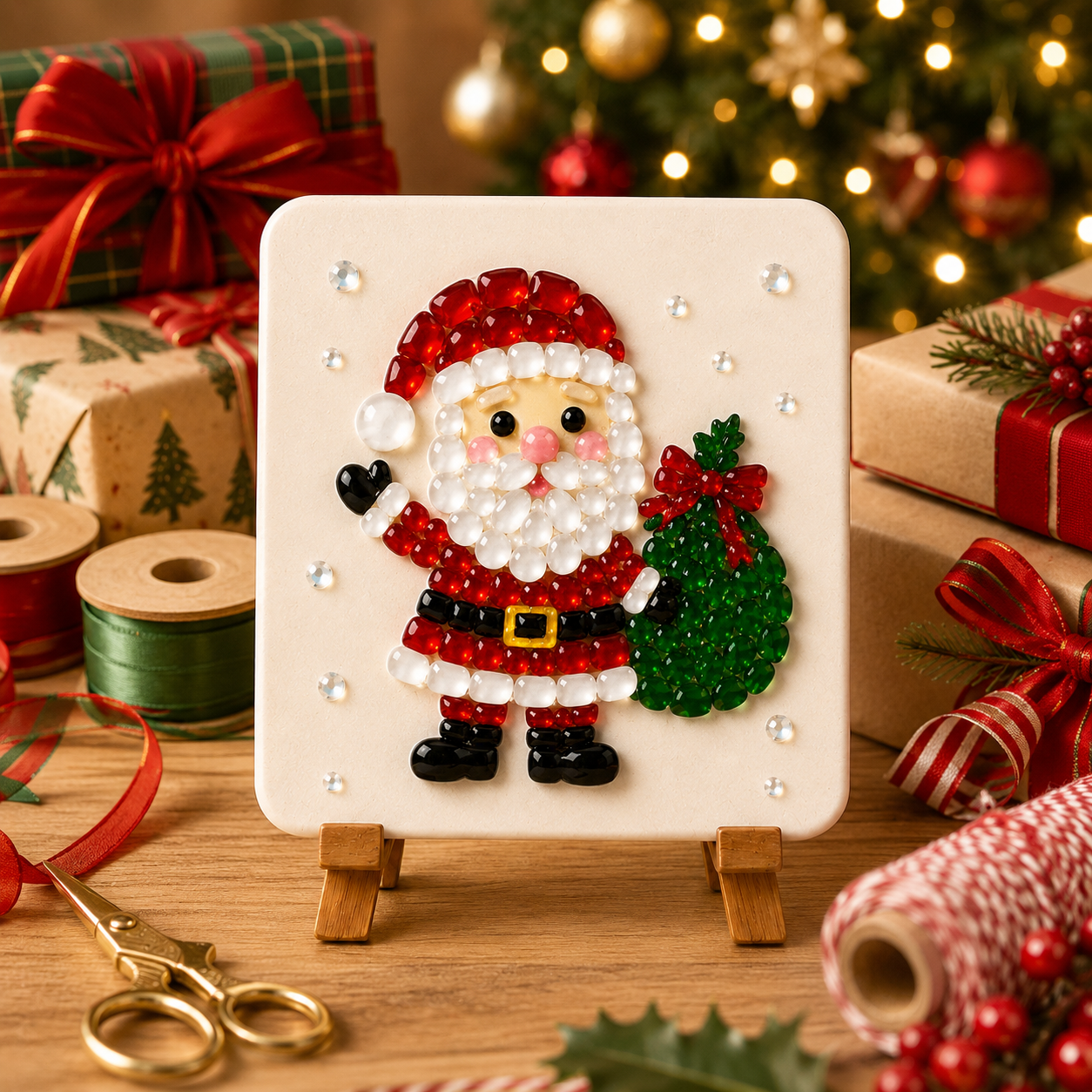 Christmas Acrylic Glass Mosaic DIY Craft Kit – Holiday Craft Gift for Kids, Adults & Families with Wooden Display Stand