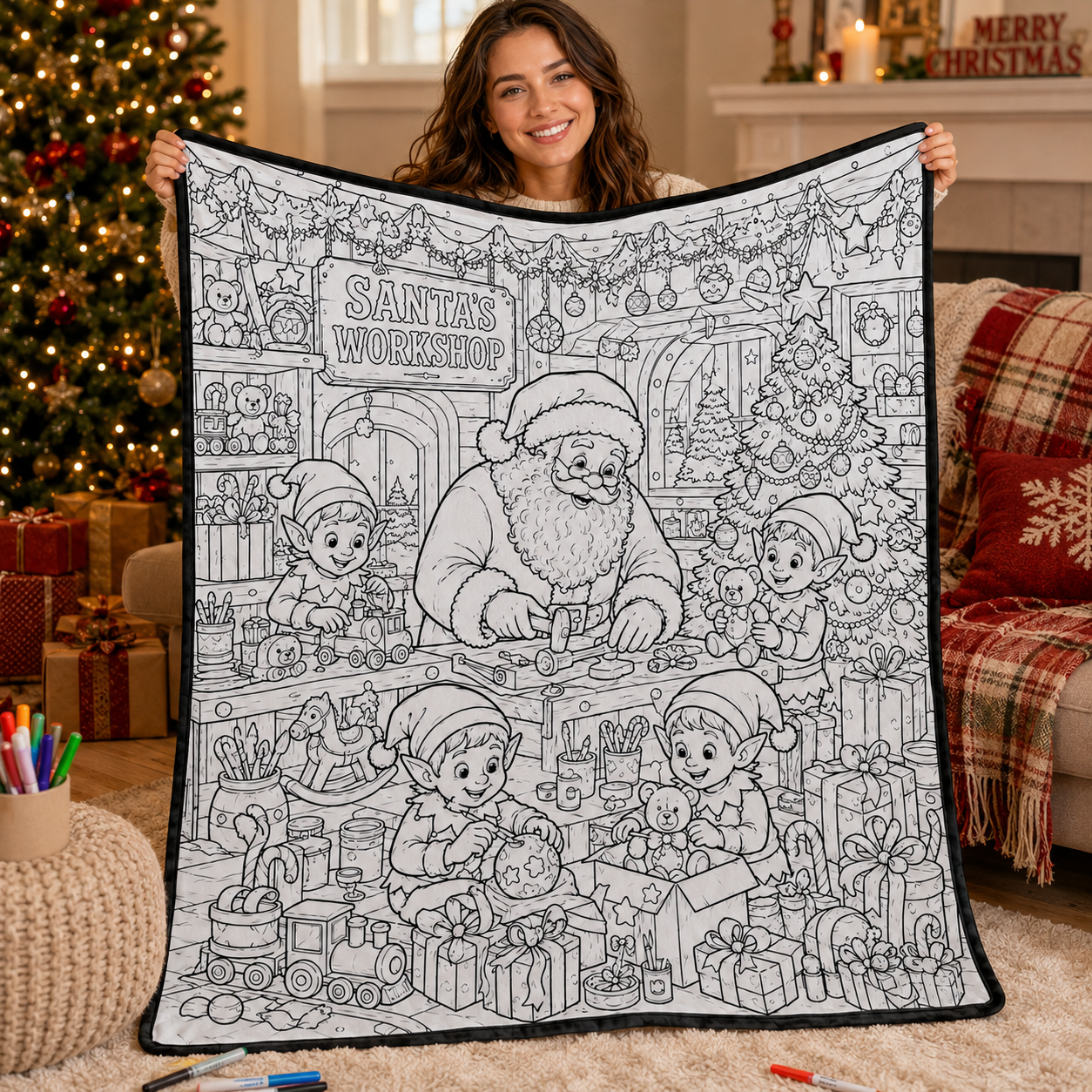 DIY Christmas Drawing Blanket with 24 Colors Markers, Doodle Your Own Xmas Blanket, Customizable Washable Paint Play Blanket for Adults, Kids