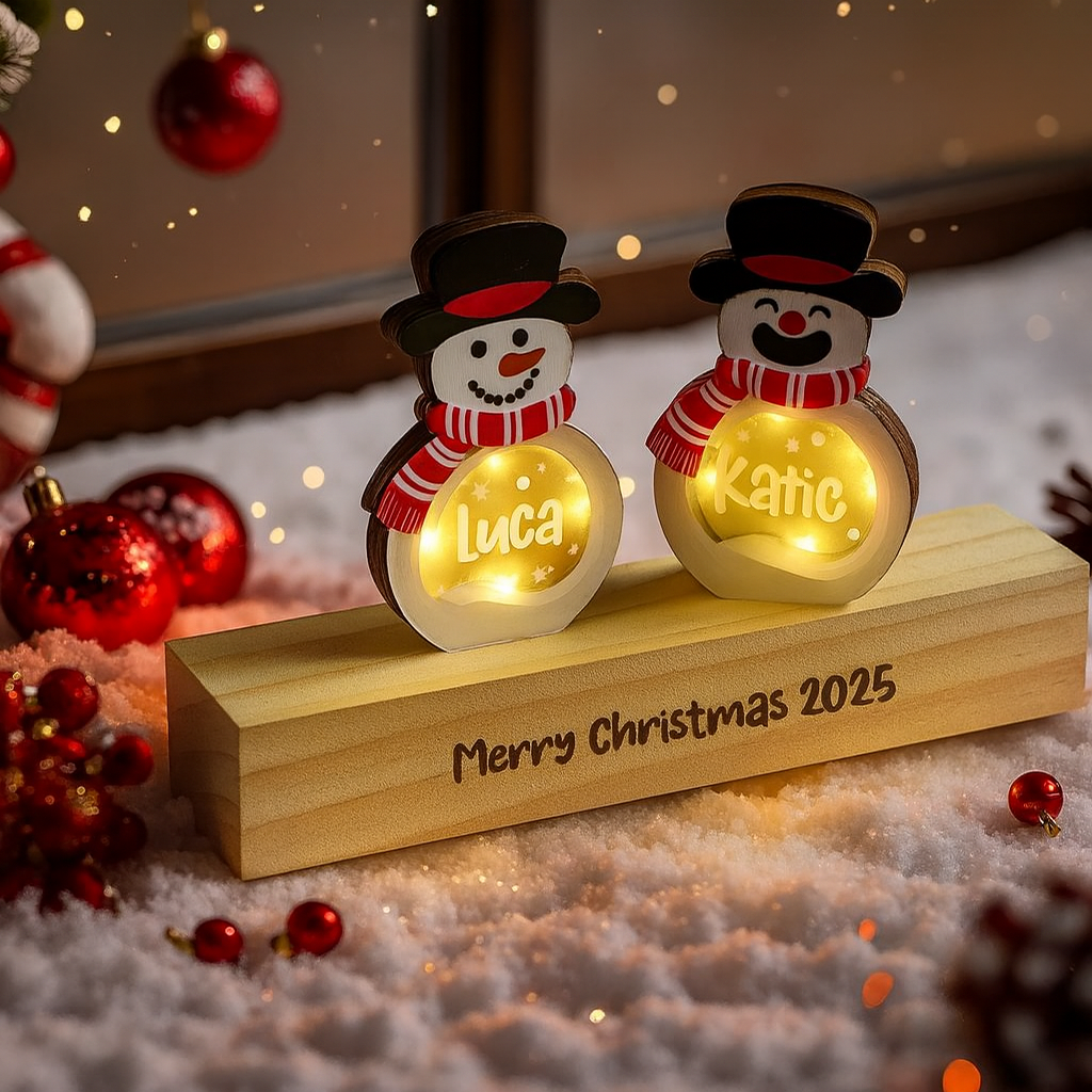 Personalized Snowman Wooden Decoration with LED Light Tabletop Winter Name Block Sign Holiday Party Supplies Christmas Gift for Family Kids