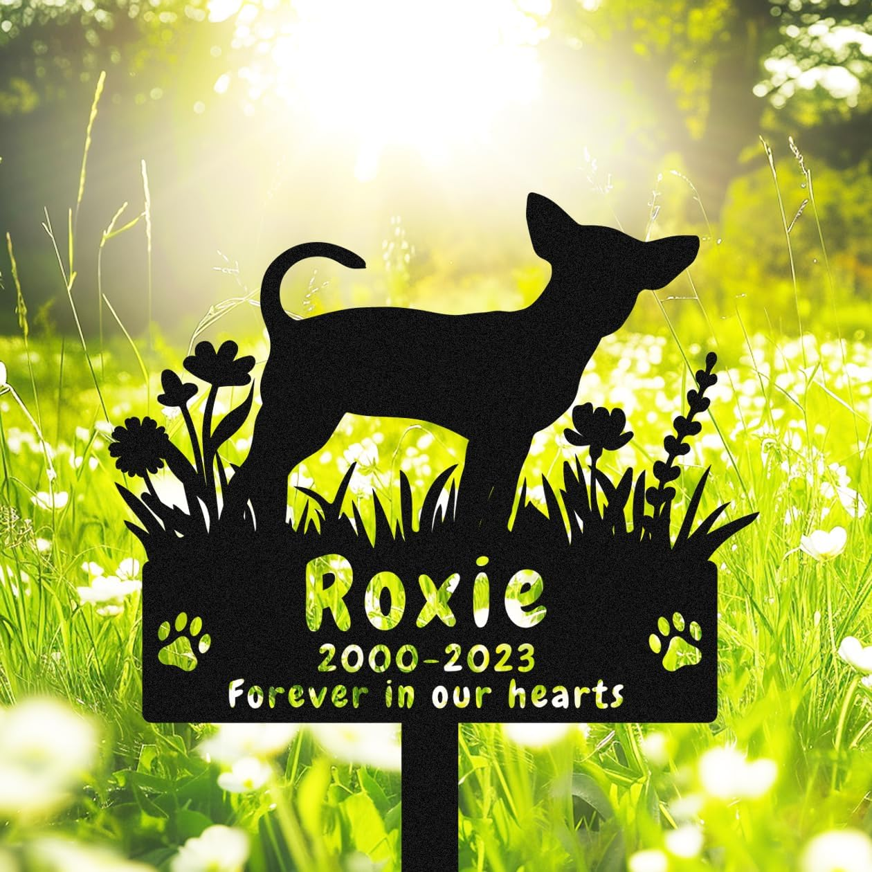 Personalized Yorkshire Terrier Dog Memorial Stake Grave Marker, Custom Dog Yorkshire Terrier Memorial Grave Marker Garden Stake, Metal Flowers Dog Memorial Yard Garden Sign with Stake