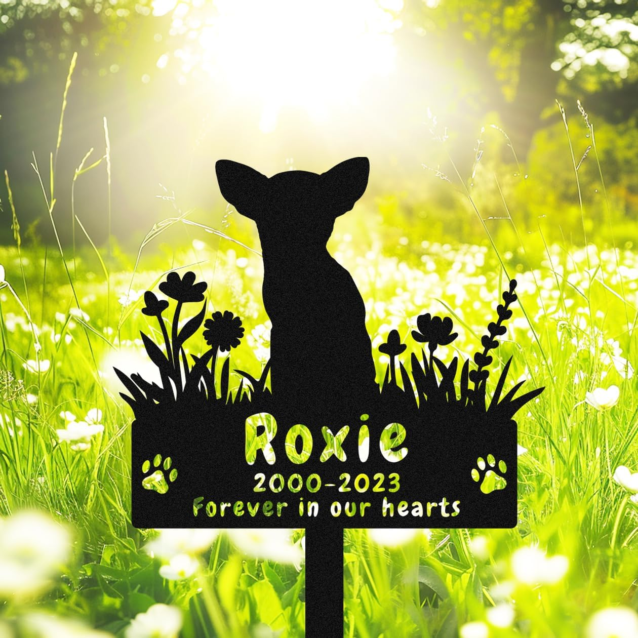 Personalized Yorkshire Terrier Dog Memorial Stake Grave Marker, Custom Dog Yorkshire Terrier Memorial Grave Marker Garden Stake, Metal Flowers Dog Memorial Yard Garden Sign with Stake