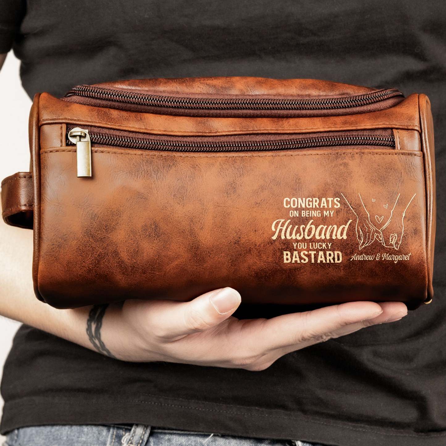 Congrats On Being My Husband You Lucky Bastard - Personalized Leather Toiletry Bag