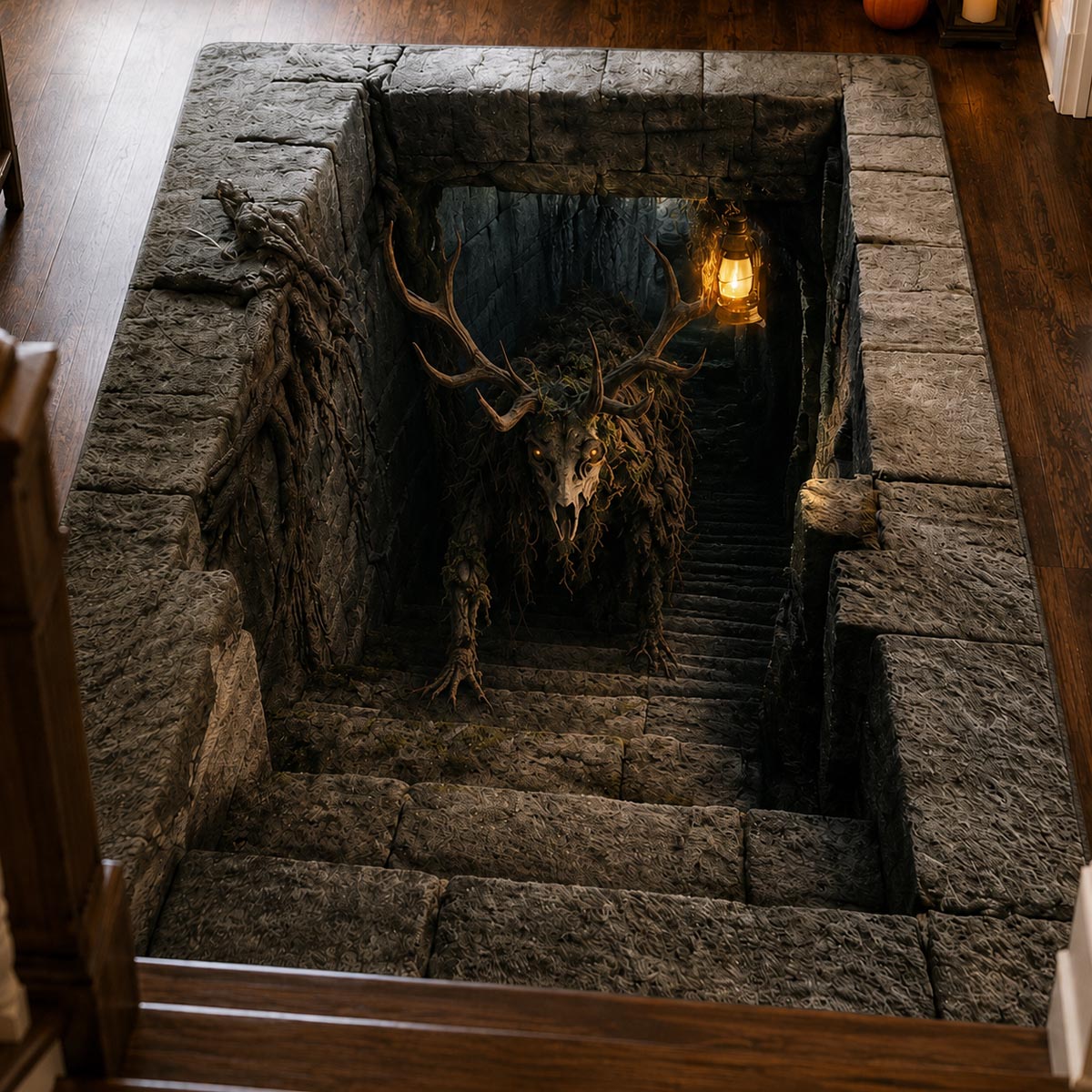 Halloween Crypt Descent Area Rug, Spooky Underground Tomb Stairway Floor Decor with Anti-Slip Backing for Living Room, Bedroom and Entryway