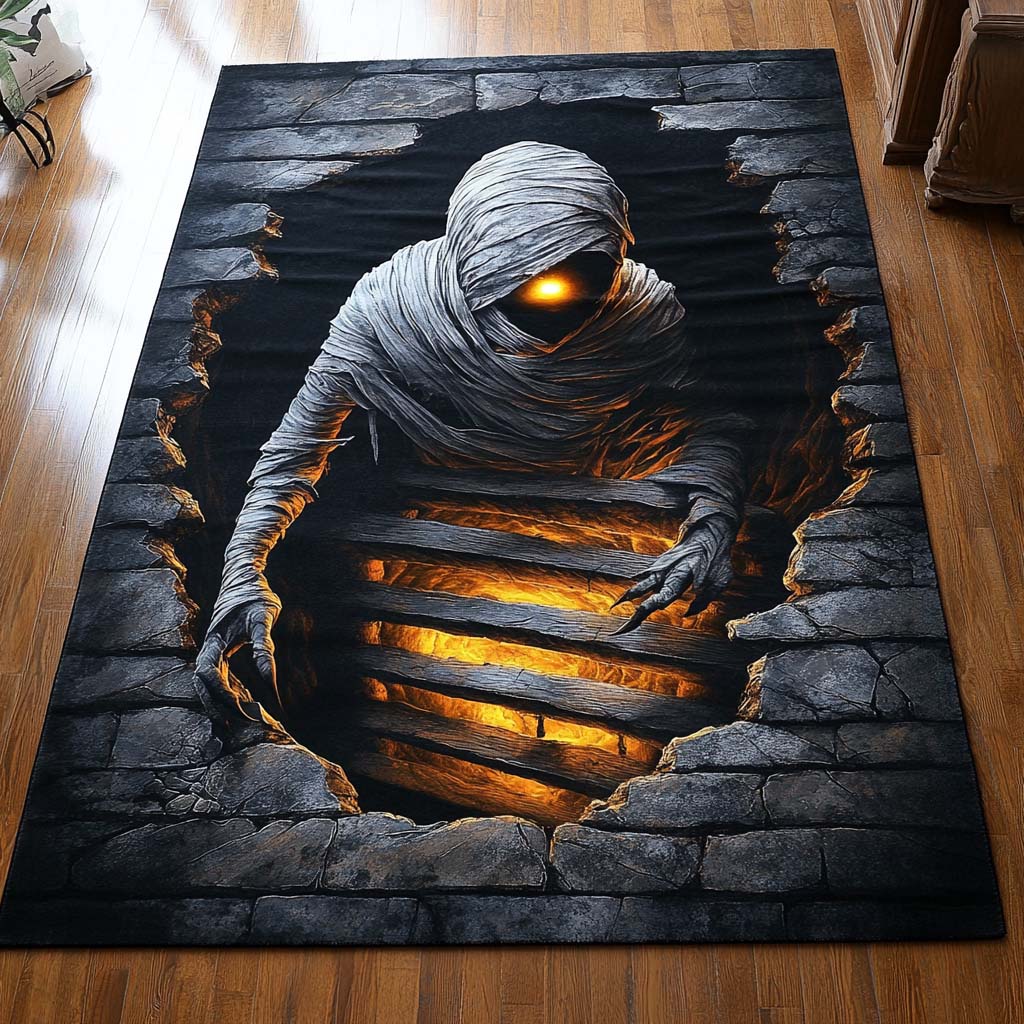 Halloween Crypt Mummy Area Rug, Spooky Mummy-Themed Seasonal Floor Decor with Anti-Slip Backing for Living Room, Bedroom and Entryway