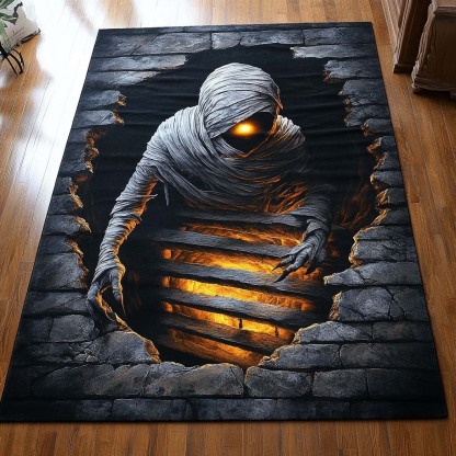 Halloween Crypt Mummy Area Rug, Spooky Mummy-Themed Seasonal Floor Decor with Anti-Slip Backing for Living Room, Bedroom and Entryway