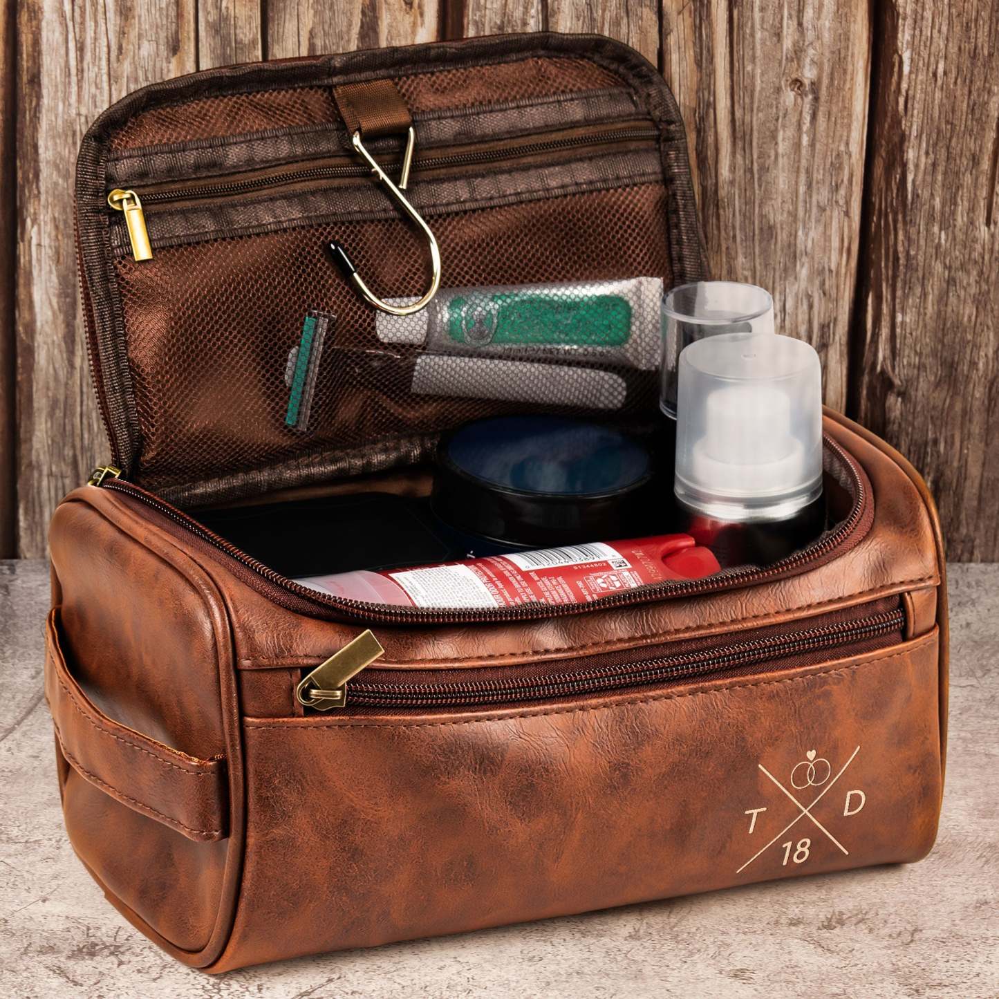 Custom Couples Initial Name & Date Or Symbols For Him, Husband - Personalized Leather Toiletry Bag