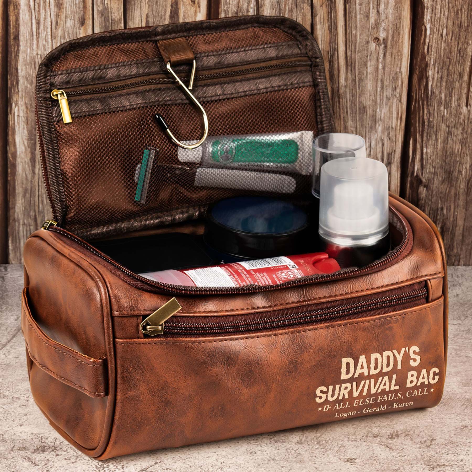 Dad's Survival Bag If All Else Fails - Fun Gifts From Kids - Personalized Leather Toiletry Bag