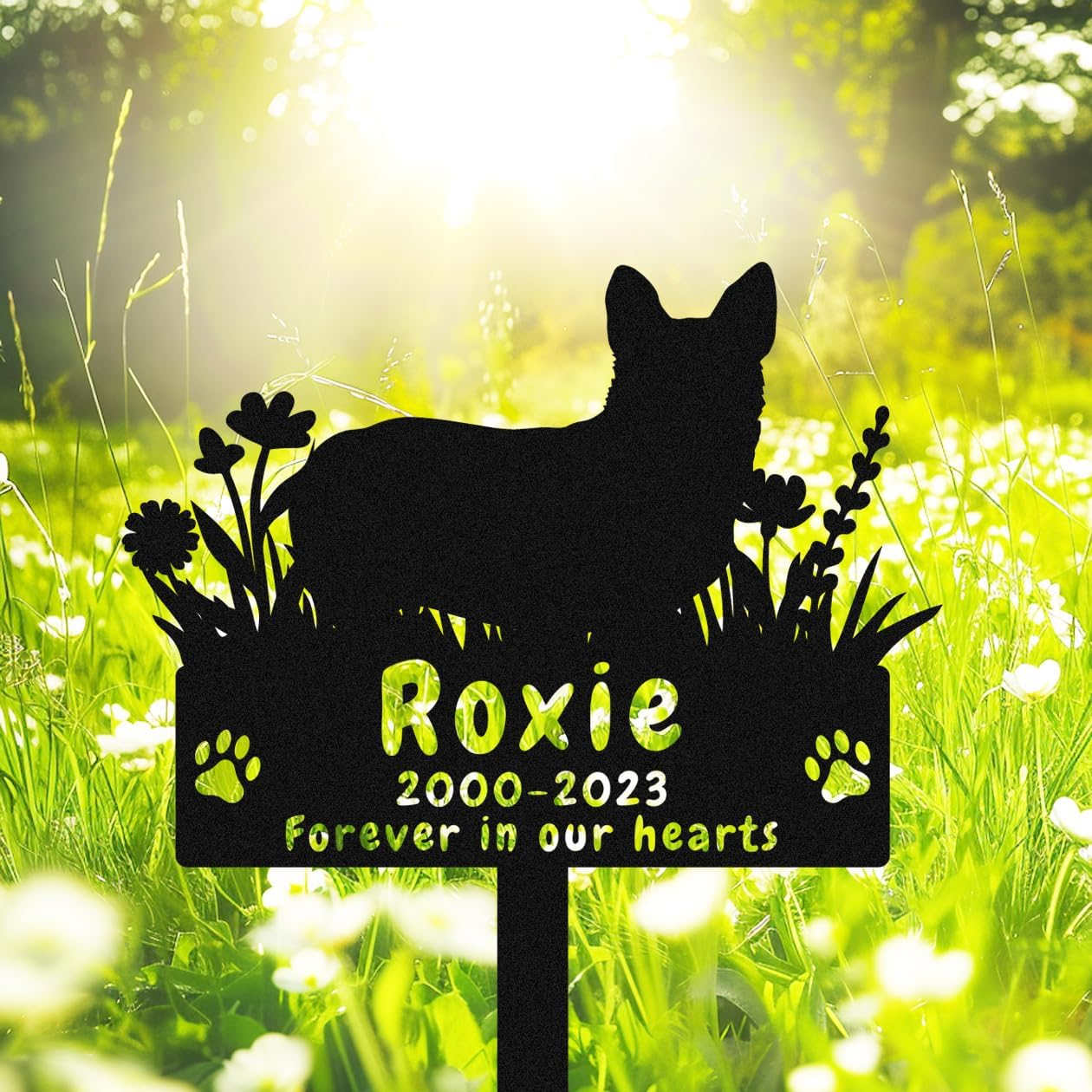 Personalized Yorkshire Terrier Dog Memorial Stake Grave Marker, Custom Dog Yorkshire Terrier Memorial Grave Marker Garden Stake, Metal Flowers Dog Memorial Yard Garden Sign with Stake