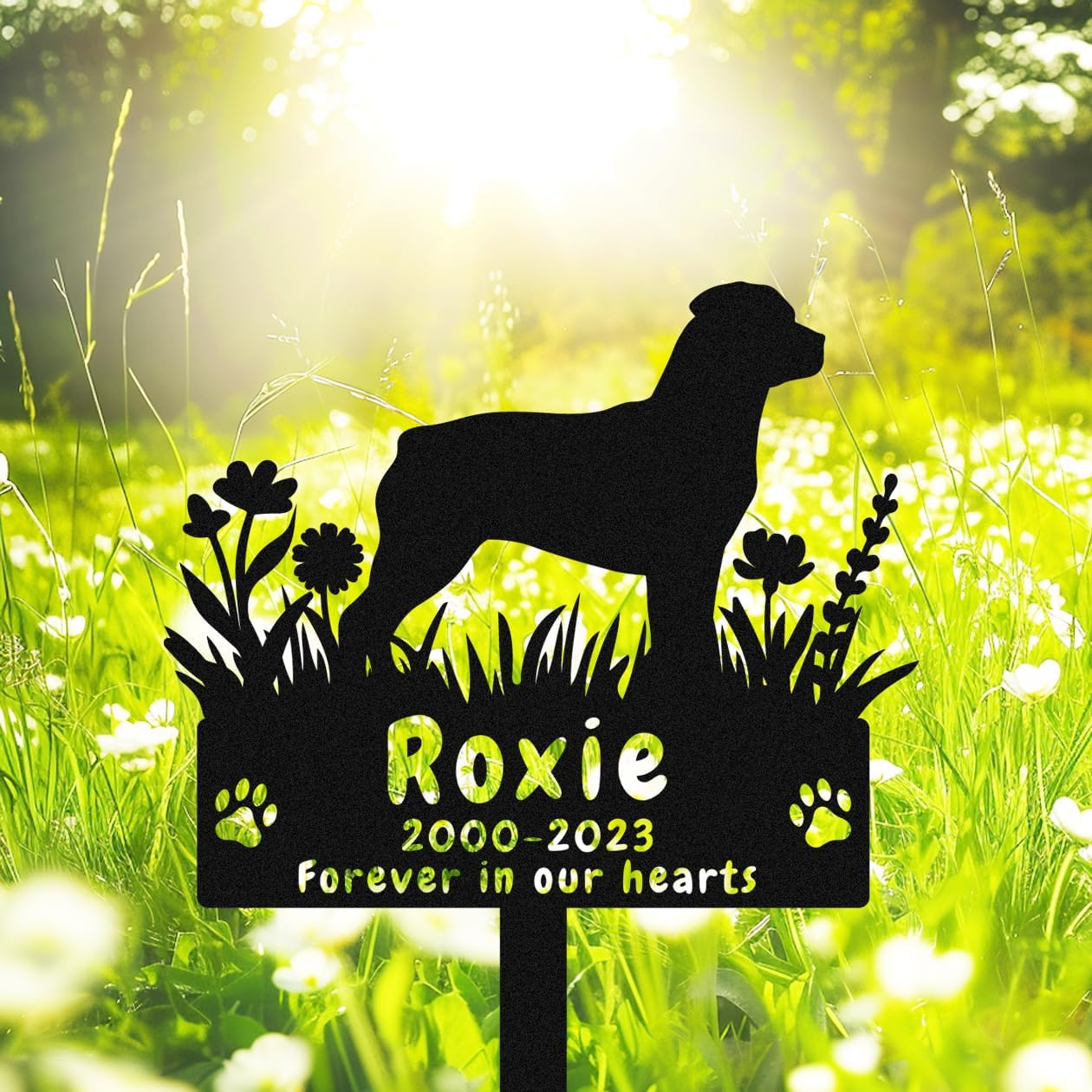 Personalized Yorkshire Terrier Dog Memorial Stake Grave Marker, Custom Dog Yorkshire Terrier Memorial Grave Marker Garden Stake, Metal Flowers Dog Memorial Yard Garden Sign with Stake