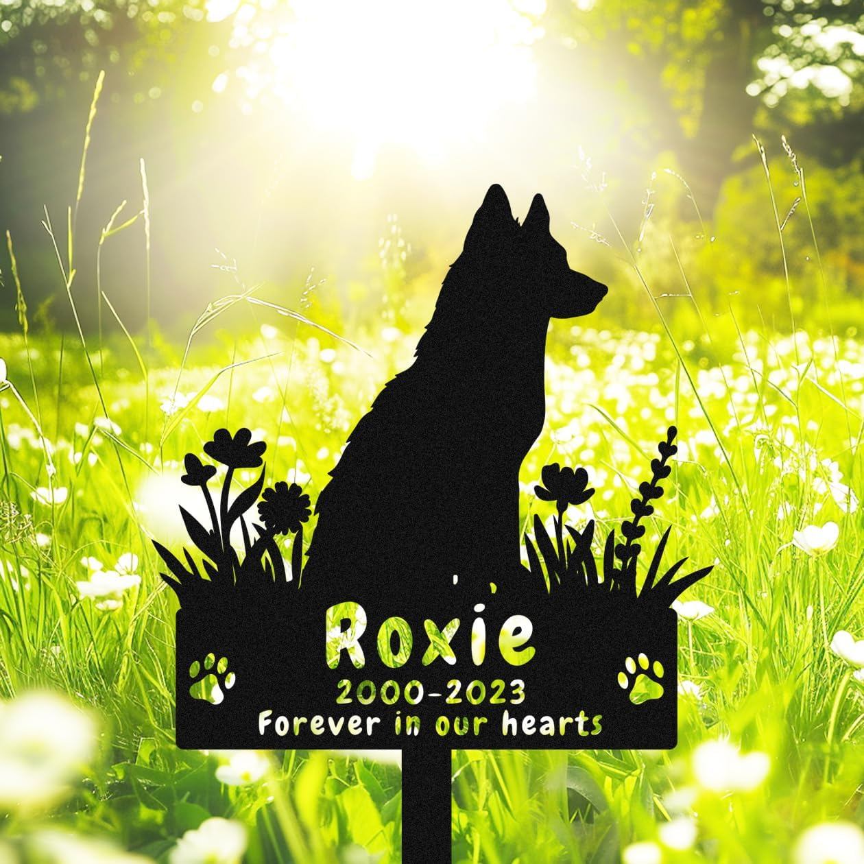 Personalized Yorkshire Terrier Dog Memorial Stake Grave Marker, Custom Dog Yorkshire Terrier Memorial Grave Marker Garden Stake, Metal Flowers Dog Memorial Yard Garden Sign with Stake
