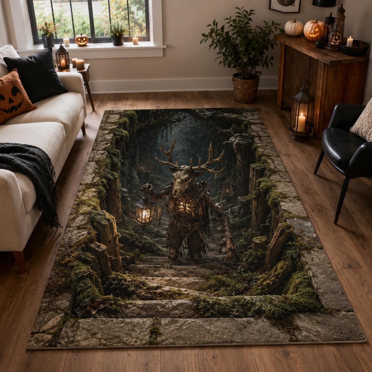 Halloween Forest Sentinel Area Rug, Spooky Haunted Woodland Guardian-Themed Floor Decor with Anti-Slip Backing for Living Room, Bedroom and Entryway