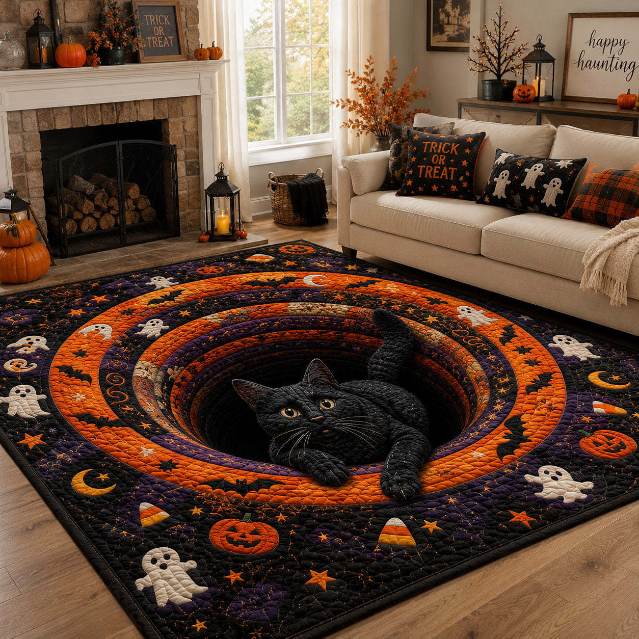 Halloween Ghostly Paws Area Rug, Spooky Phantom Cat Paw Print Floor Decor with Anti-Slip Backing for Living Room, Bedroom and Entryway
