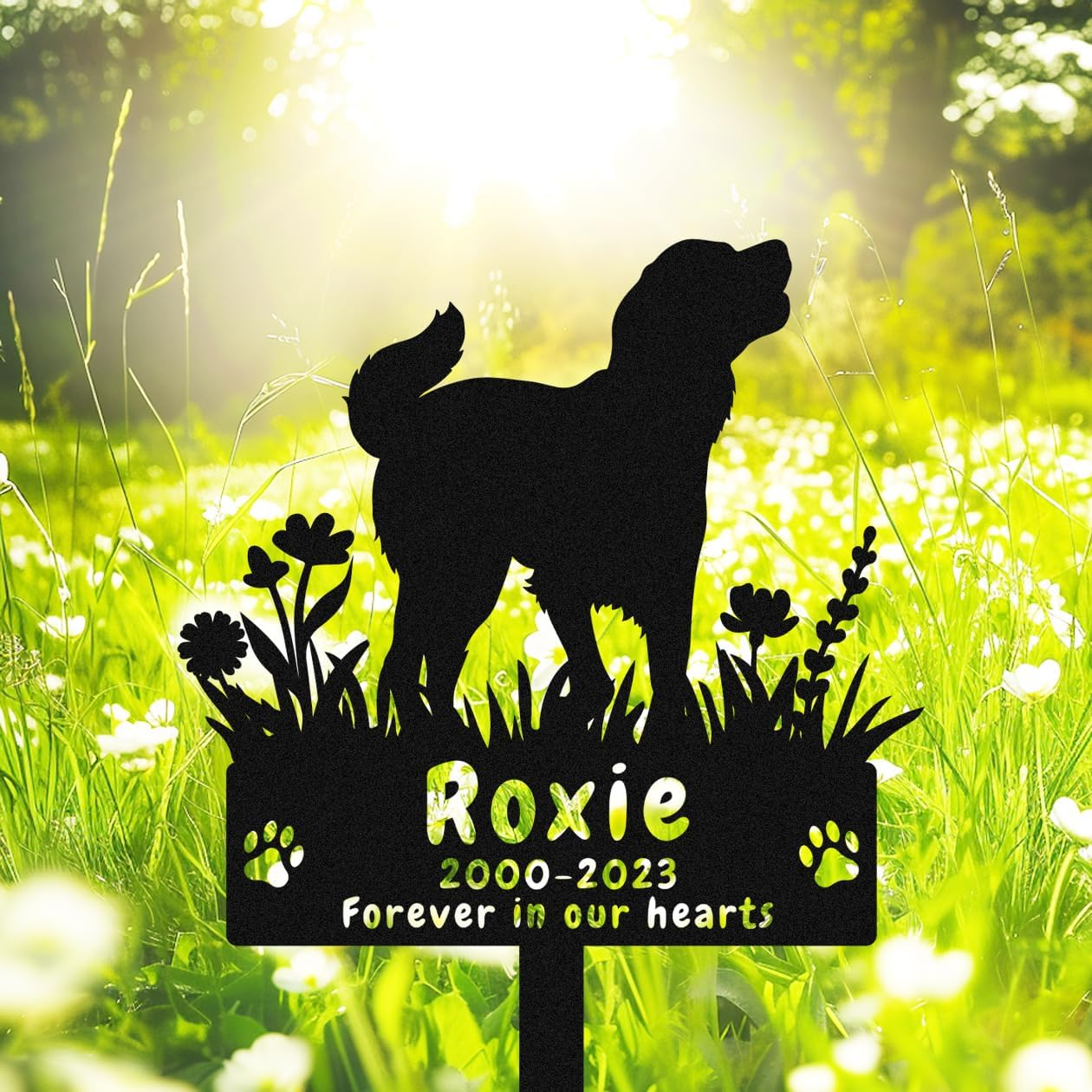 Personalized Yorkshire Terrier Dog Memorial Stake Grave Marker, Custom Dog Yorkshire Terrier Memorial Grave Marker Garden Stake, Metal Flowers Dog Memorial Yard Garden Sign with Stake
