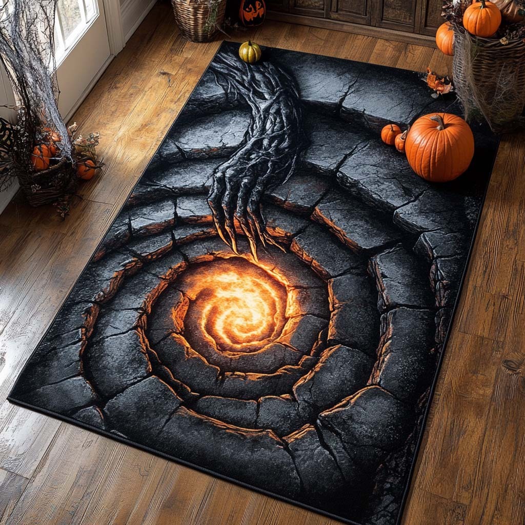 Halloween Hands of Hellfire Area Rug, Spooky Flame-Themed Seasonal Floor Decor with Anti-Slip Backing for Living Room, Bedroom and Entryway