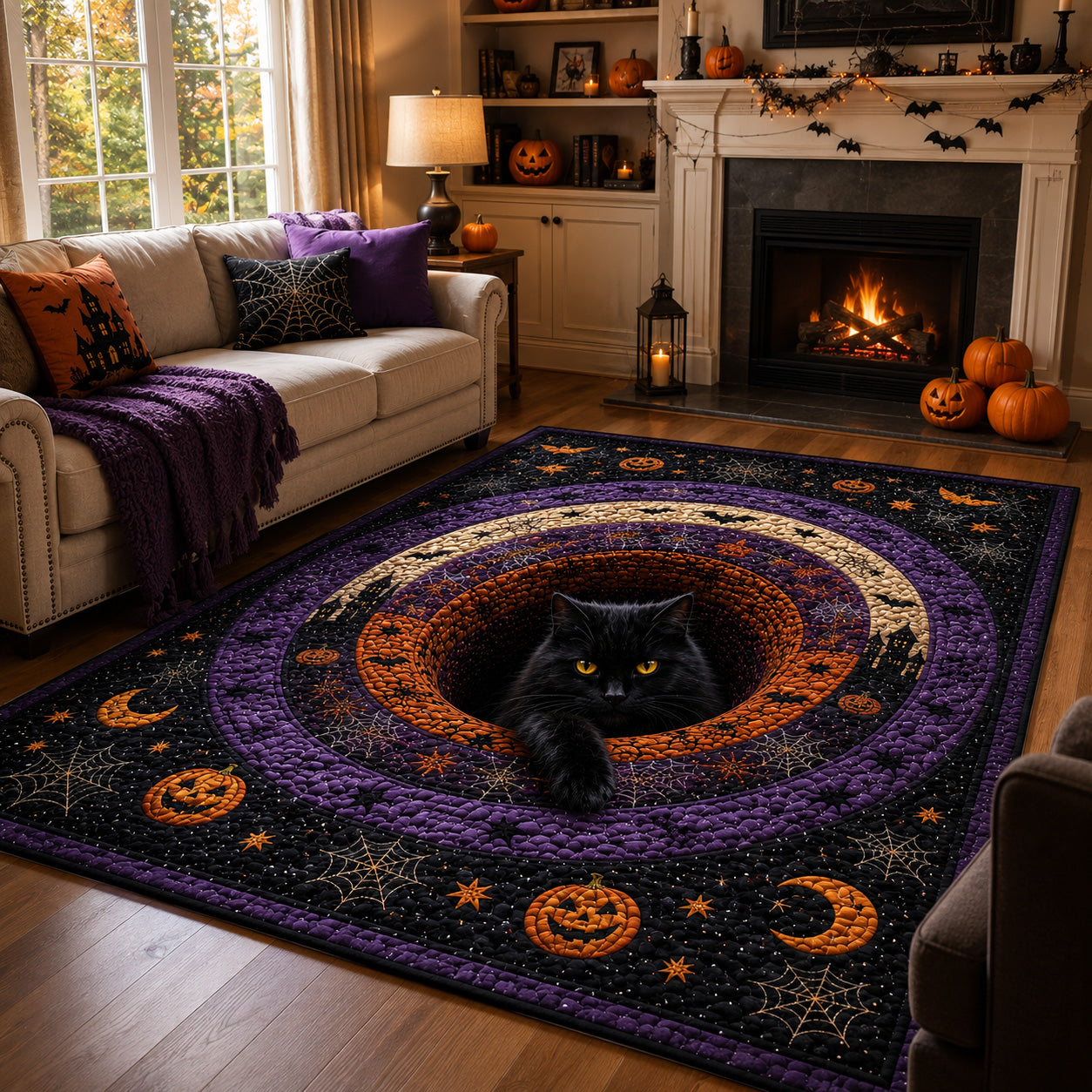 Halloween Haunted Hearth Area Rug, Spooky Haunted Fireplace-Themed Seasonal Floor Decor with Anti-Slip Backing for Living Room, Bedroom and Entryway